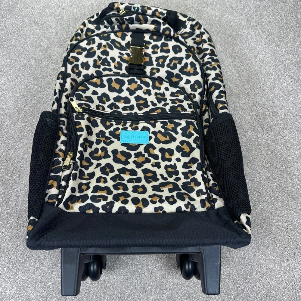 Posh Peanut Kids OS Rolling Backpack Leopard Print Tan Black Gold Safari Travel